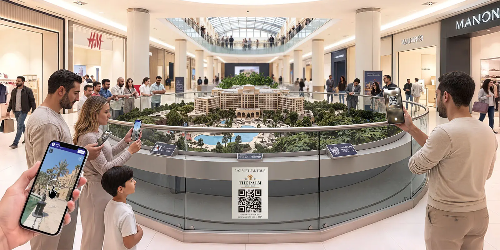Maquette monumentale d'un resort au cœur d'un centre commercial : des visiteurs scannent le QR-code et explorent la visite à 360° sur leur smartphone